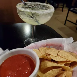 Margarita, chips and salsa.