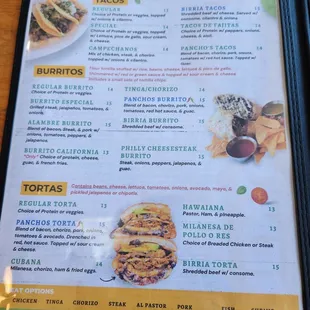 a menu for the pancho's