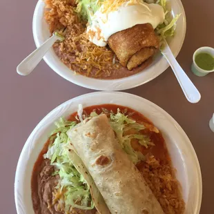 Combo #16, Chimichanga, on top and Combo #6, SHBC Burrito and Enchilada.