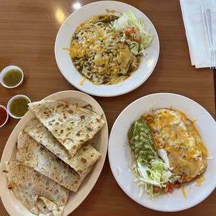 Carne asada Quesadilla, Chile Relleno, and cheese enchiladas