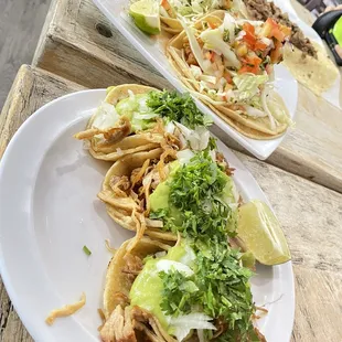 3 Mini Carnitas Tacos and 2 Fish Tacos.