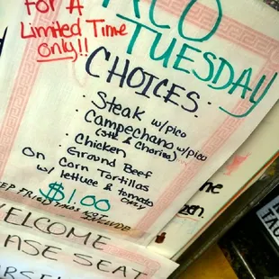 a menu for taco tuesday