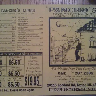 front and back page of carry out menu, kinda hard to read in pic.