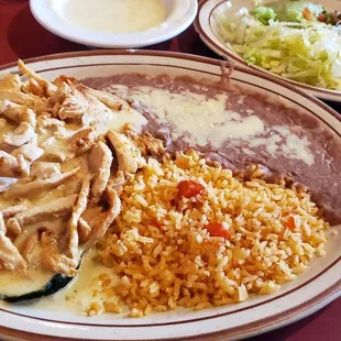 Chicken Poblano with rice and beans Cheese dip