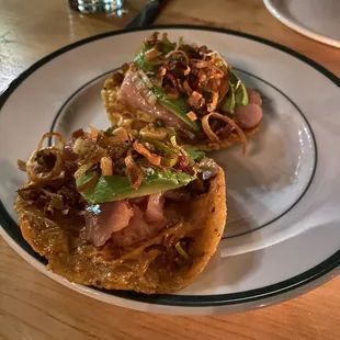 Albacore tuna tostadas with crispy leeks. I am going to dream about these in particular for weeks to come.