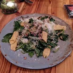 Garganelli, lamb sausage, sherry cream, roasted turnips, spinach, oyster mushrooms, pecorino, breadcrumbs [28]