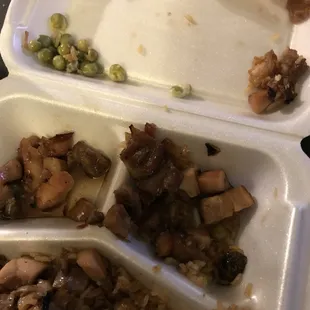 In the left corner do you see hard peas I can't chew on, and the right corner do you see fatty grisly chicken non-edible.