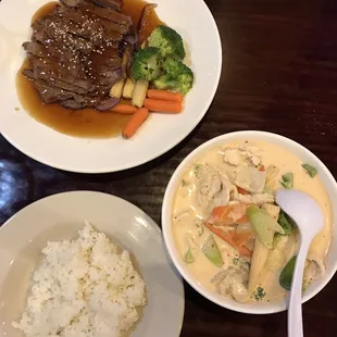 Steak Teriyaki (yum) and Penang Curry (aka coconut milk soup)
