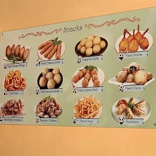 a variety of food items displayed on a wall