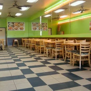 a restaurant with a checkered floor