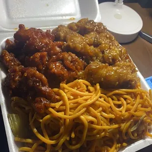 Chow mein with Orange Chicken and Sesame Chicken