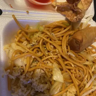 Cream cheese wontons, veggie egg rolls, candied sweet and sour sauce, fried rice, and chow mein.