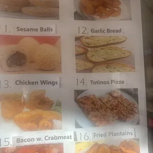 a menu for a variety of foods