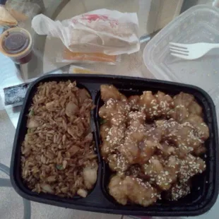 Sesame chicken dinner combo with chicken fried rice and spring roll