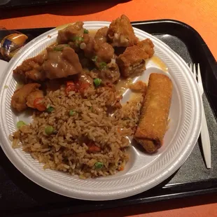 a plate of food on a tray