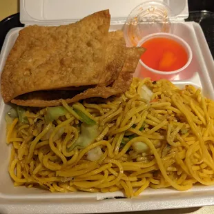 Vegetable lo mein and wantons--$5.