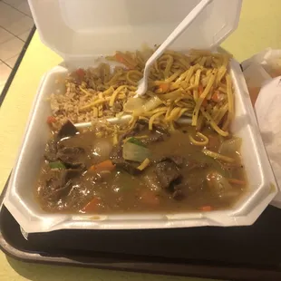 Curry beef with lo mein and shrimp fried rice