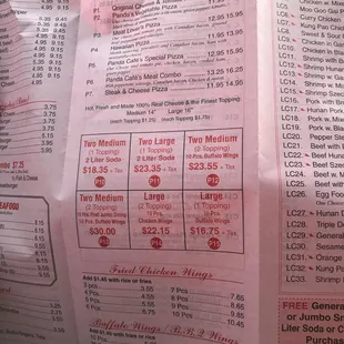 the menu of the restaurant
