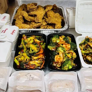 a variety of take out food items