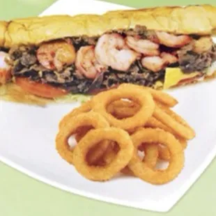 Steak and cheese and shrimp W homemade Onion rings
