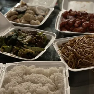 Rice, noodles, dumplings, lumpia, beef and broccoli, and sesame chicken!