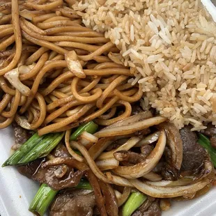 Mongolian Beef with chow mein and rice