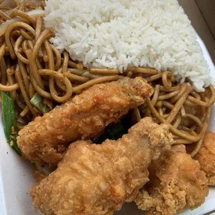 Salt and Pepper wings with rice and added chow mein