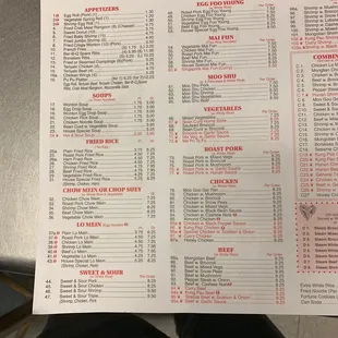 the menu of the restaurant