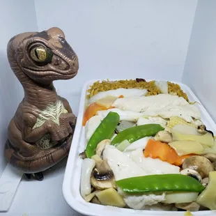 Bob the Raptor says "Moo Goo Gui Pan DELIVERY!!!"