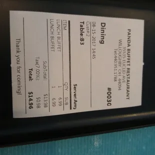 Lunch for two adults (water to drink) was $14.96.