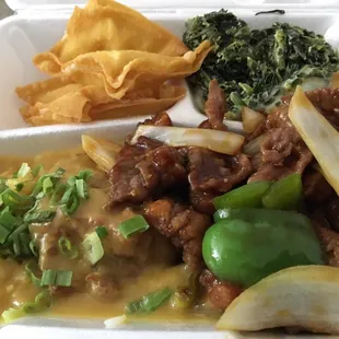 Buffet to go. Egg foo yung( gravy was delicious), spinach and cheese, pepper steak (meat was tough), crab rangoon,and black pepper chicken.