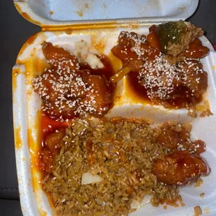 meatloaf and rice in a styrofoam container