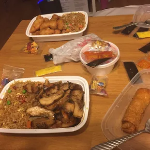 About $18 with delivery before tip, leftovers on both sides. Sweet and sour and bourbon chicken dinners.