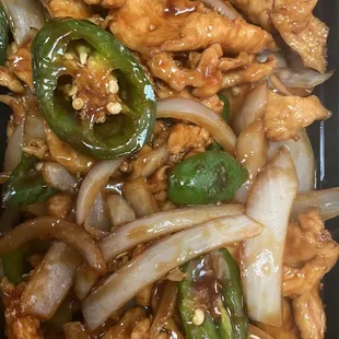 chicken, peppers, and onions