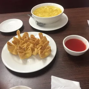 Egg drop soup and crabmeat rangoons