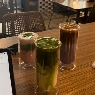 Strawberry matcha, matcha, fruit loop latte