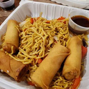 Noodle platter with veggie eggrolls $11