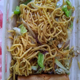 Lo mein with extra egg rolls