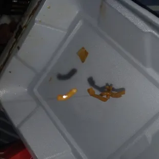 a piece of food left in a plastic container