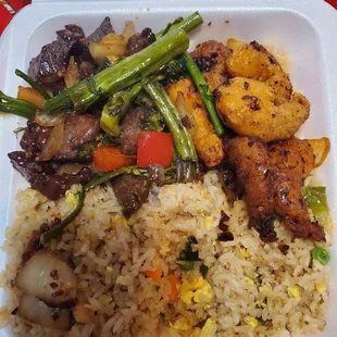 Black Pepper Steak, Chili Crisp Shrimp, and Fried Rice