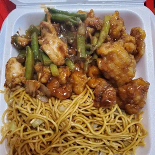 String Bean Chicken Breast, Orange Chicken, and Chow Mein