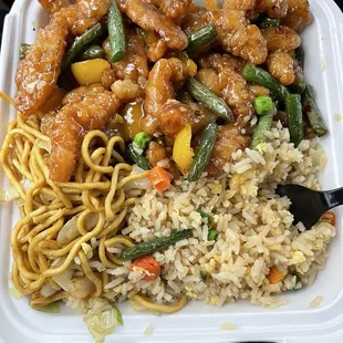 Honey green bean chicken, chow mein, fried rice.