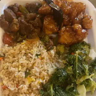 Bigger your own plate - 3 Sides: Fried Rice, Pepper Agnus Steak, Chicken And Green Vegetables..