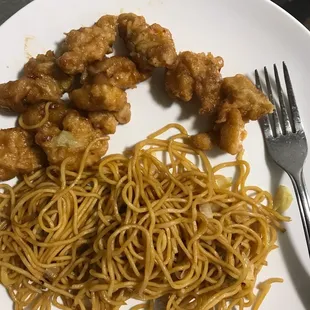 Spaghetti chow mein and dry orange chicken