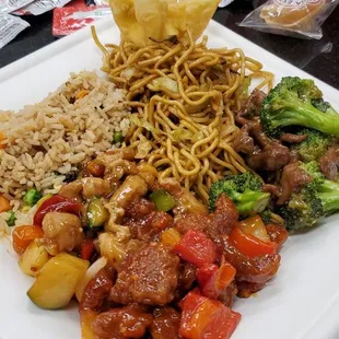 Beijing beef, Kung pao chicken, broccoli beef, fried rice, chow mein