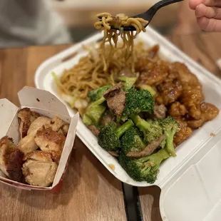 Three item plate- broccoli beef, orange chicken, teriyaki chicken, chow neon