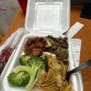 Broccoli beef, orange chicken and chow mein