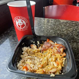 Rice and Chow mein with Teriyaki chicken   With a coke