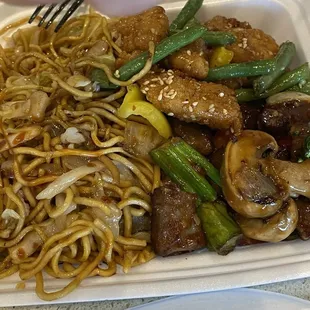 Black Pepper Steak (extra $1.50) and a breaded chicken dish w green beans
