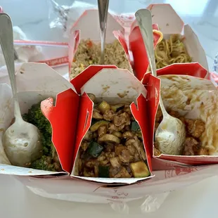 These are the large containers (26oz) of three main entrees and two sides. Sorry we already started eating !